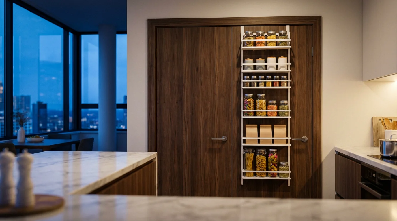Wide shot of an organized pantry door rack in a modern kitchen at twilight.