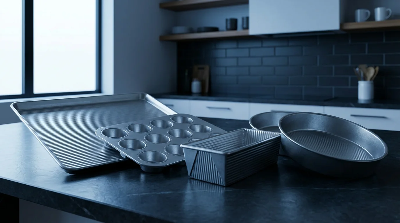 A 5-piece set of corrugated aluminized steel bakeware on a dark kitchen counter.