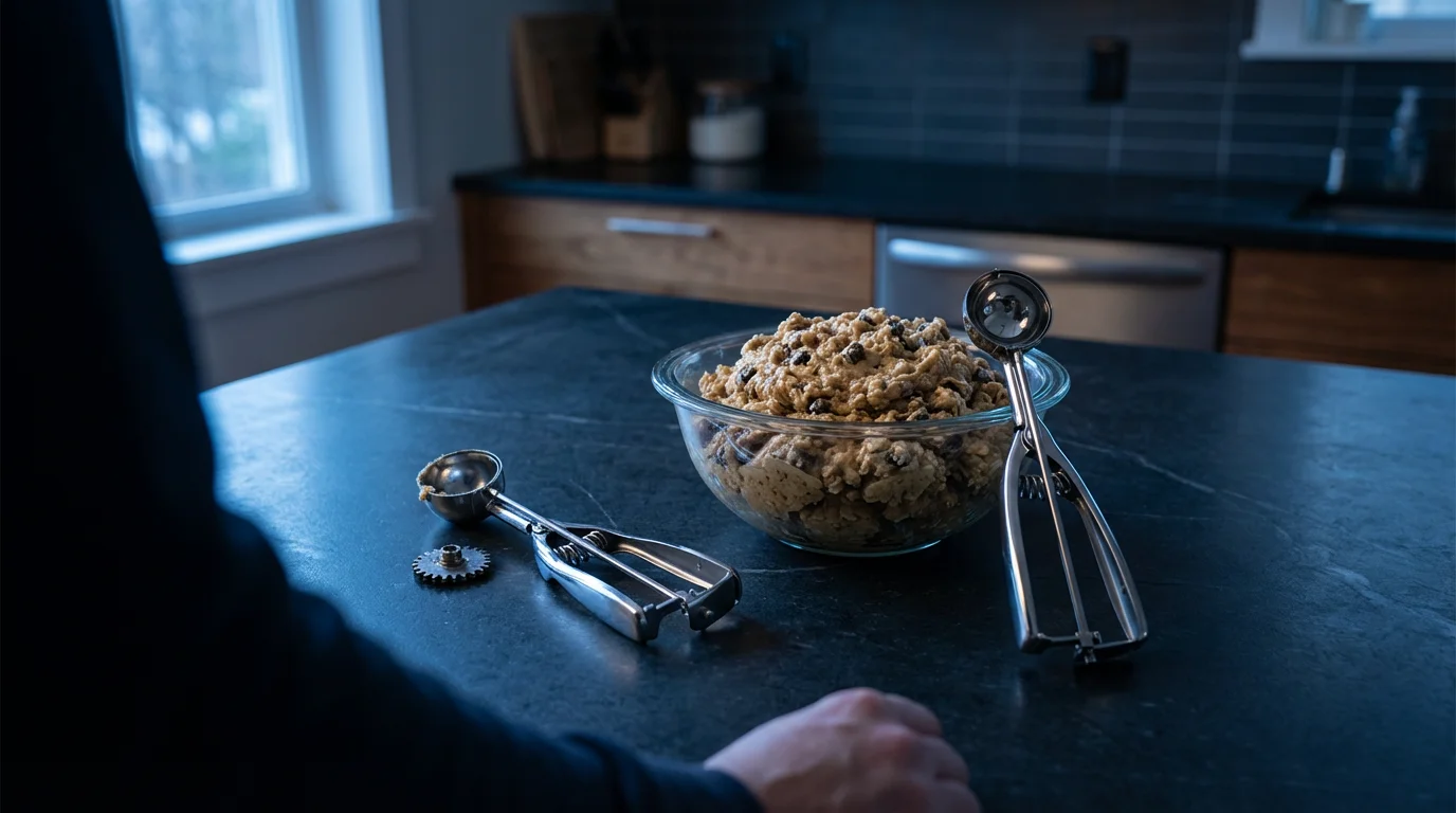 A broken cookie scoop next to a bowl of dough and a new scoop.