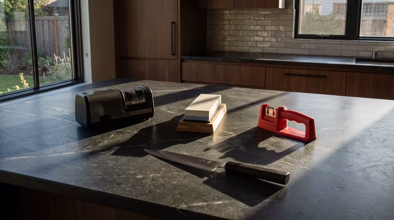 A chef's knife on a kitchen counter with an electric sharpener, whetstone, and manual sharpener.