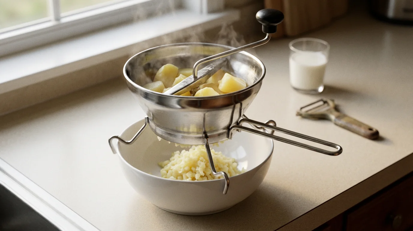 A classic Foley-style stainless steel food mill processing cooked potatoes into a white bowl.