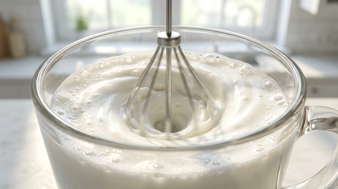 A close-up action shot of a handheld milk frother creating a vortex in milk.