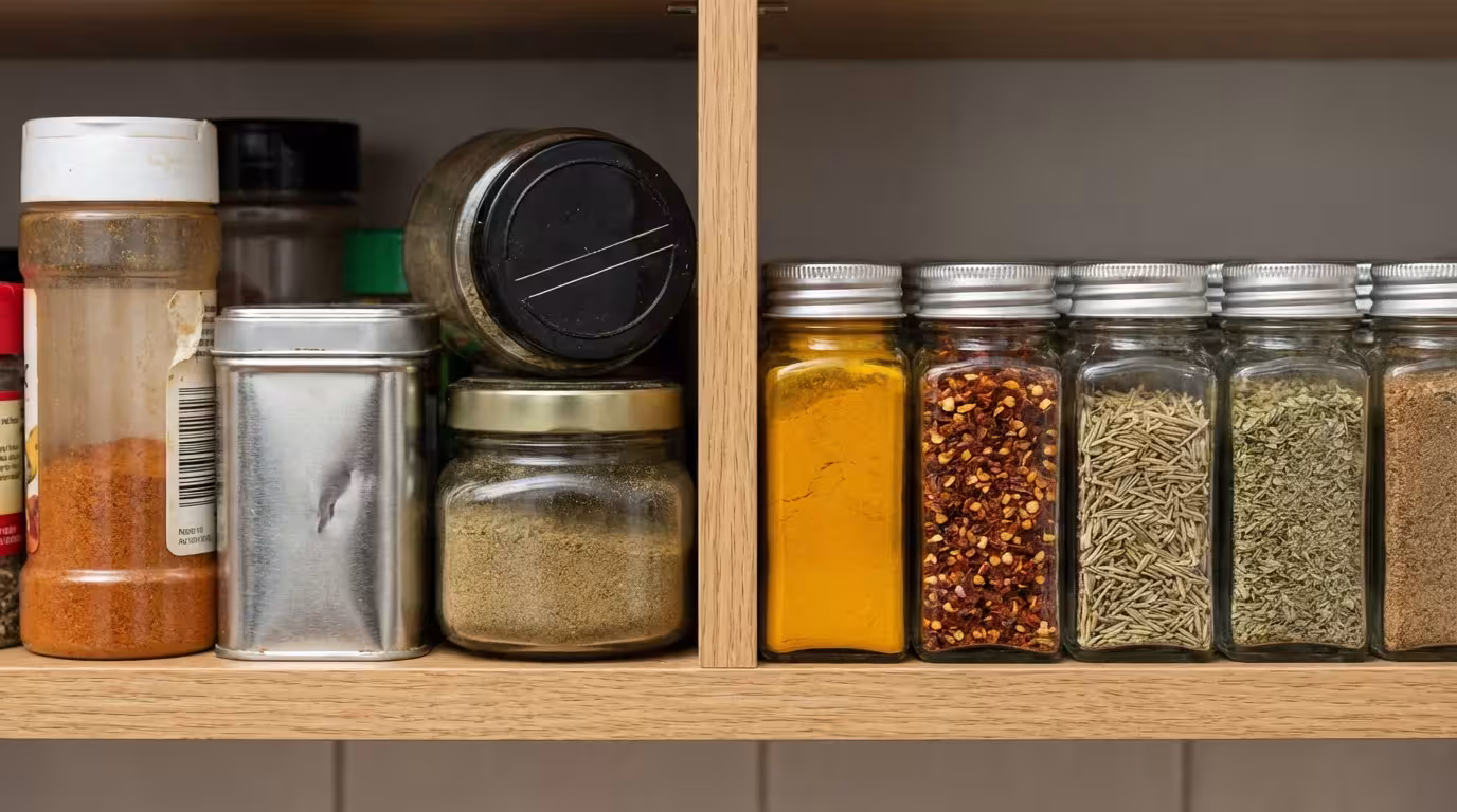 A close-up comparing messy, mismatched spice jars to a neat row of uniform containers.