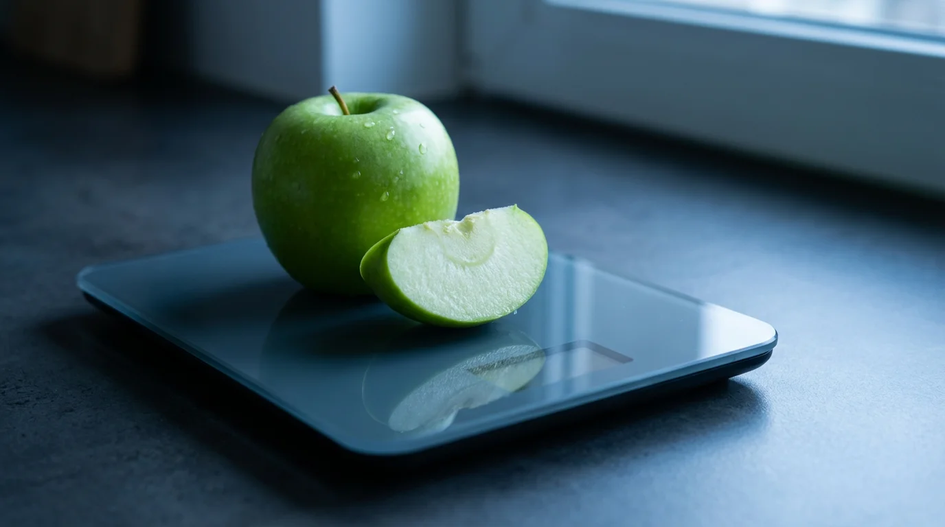 A close-up macro photo of a sliced green apple on a smart kitchen scale.