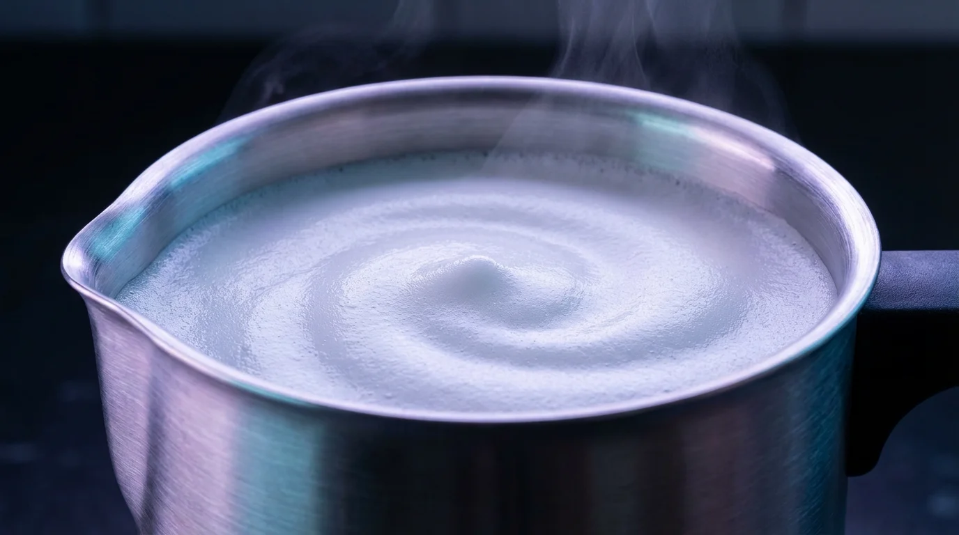 A close-up macro photo of perfectly frothed milk in a stainless steel electric frother.