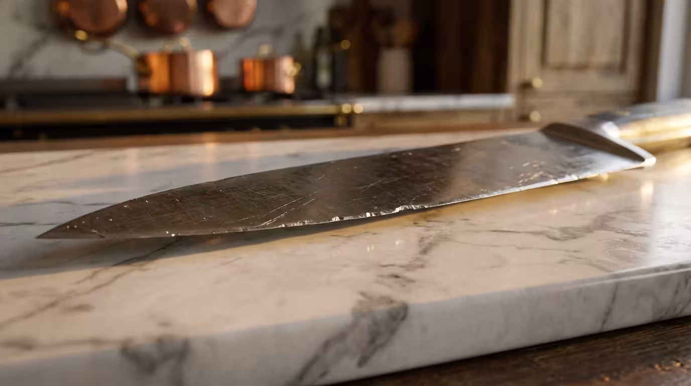 A close-up macro photograph of a damaged knife blade on a white marble surface.