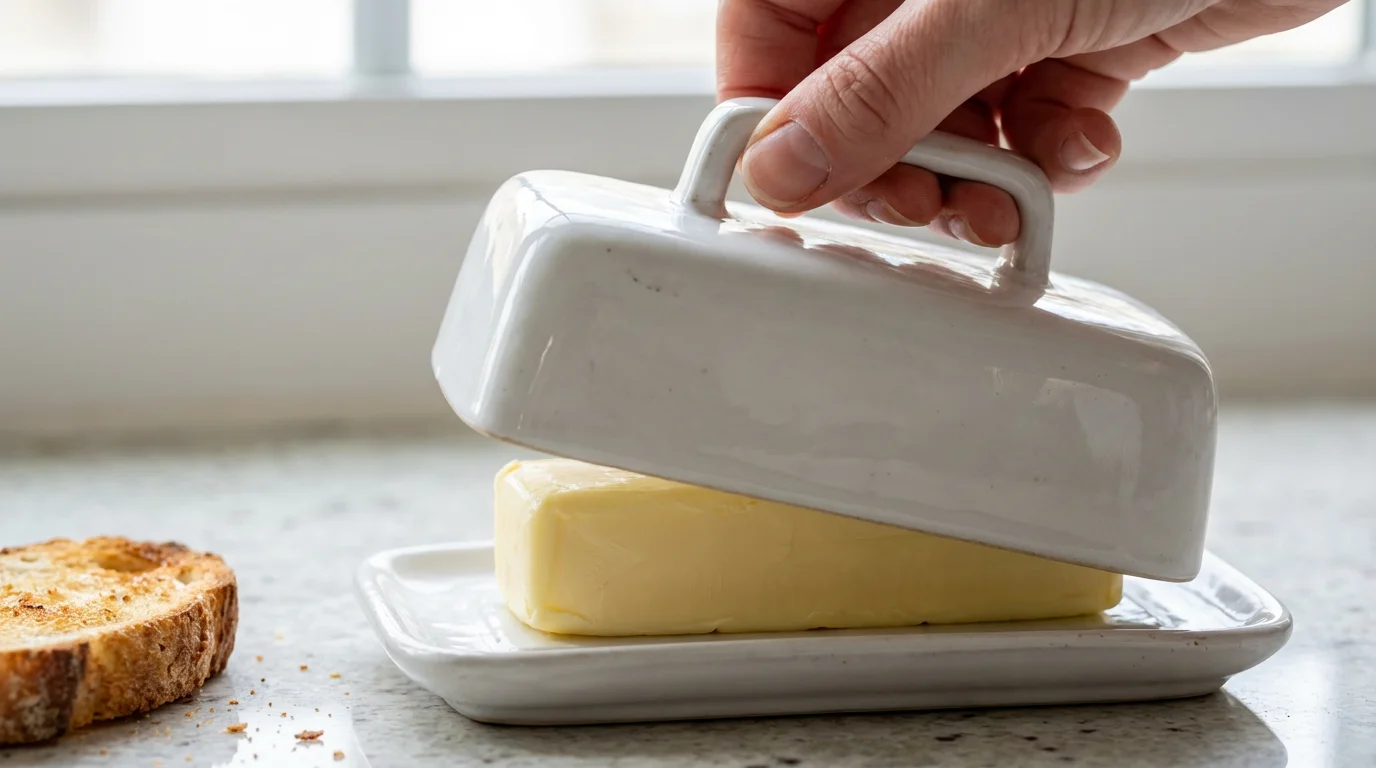 A close-up macro photograph of a hand easily lifting a white ceramic butter dish lid.