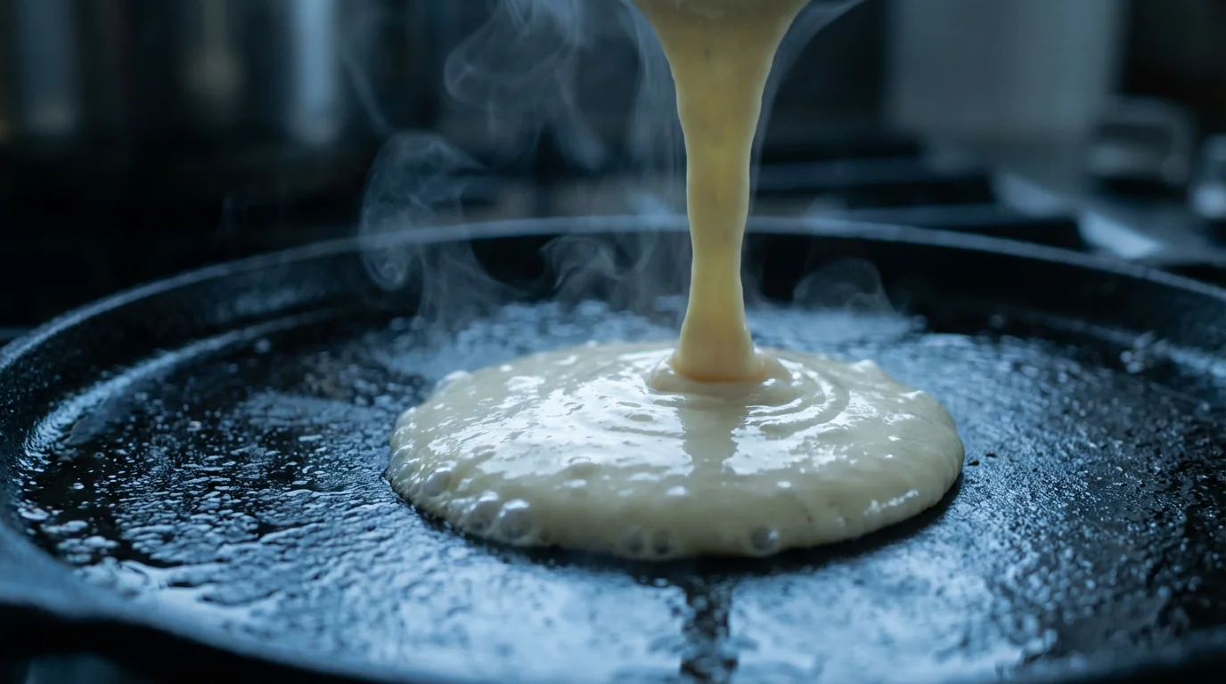 A close-up macro photograph of thick pancake batter being poured onto a hot cast-iron griddle surface.