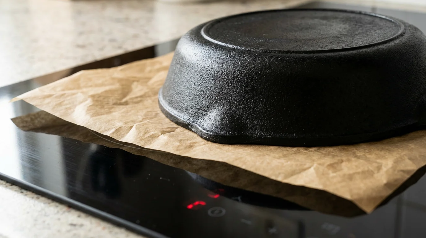 A close-up of a cast iron pan on parchment paper protecting an induction cooktop.