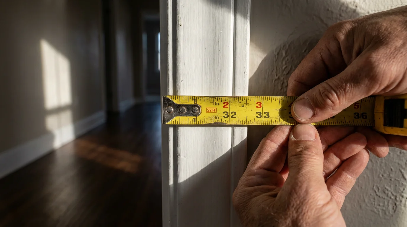 A close-up of a hand using a tape measure to check the width of a doorway.
