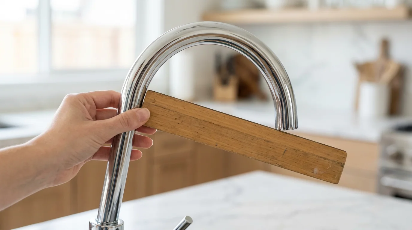 A close-up of a hand using a tape measure to check the height of a kitchen faucet against a marble backsplash.