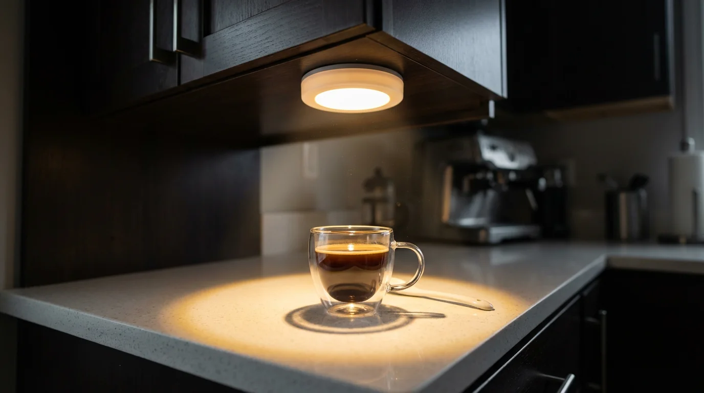 A close-up of a single under cabinet puck light creating a pool of light.