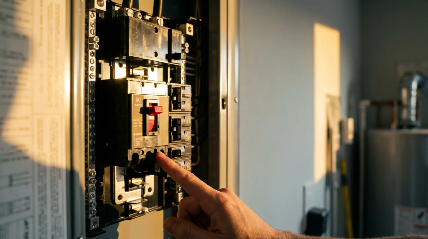 A close-up of an open home electrical panel with a hand pointing to a breaker.