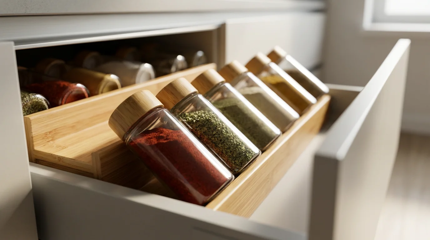 A close-up of an organized spice drawer with jars on a tiered bamboo insert.