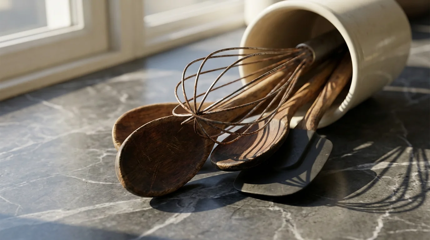 A close-up photograph of a chaotic, overstuffed kitchen utensil holder on a countertop.