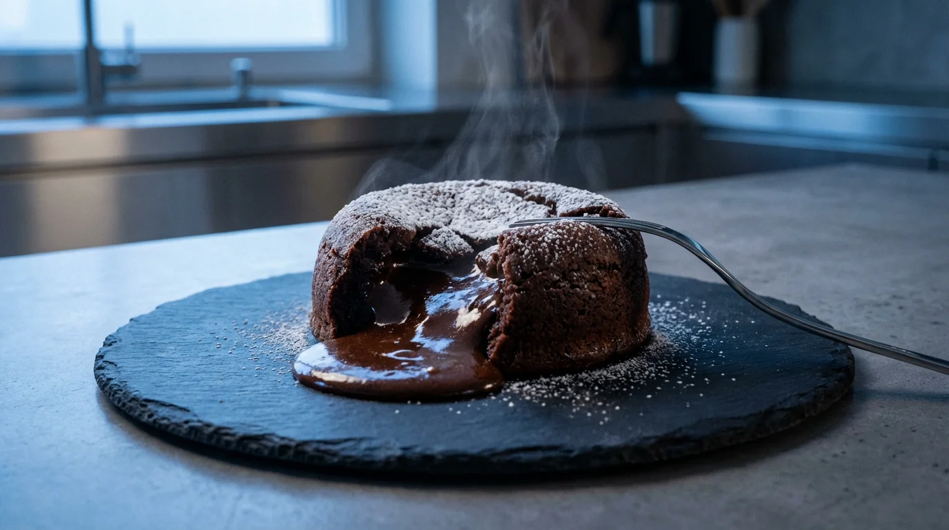 A close-up photorealistic shot of a chocolate lava cake with a molten center.