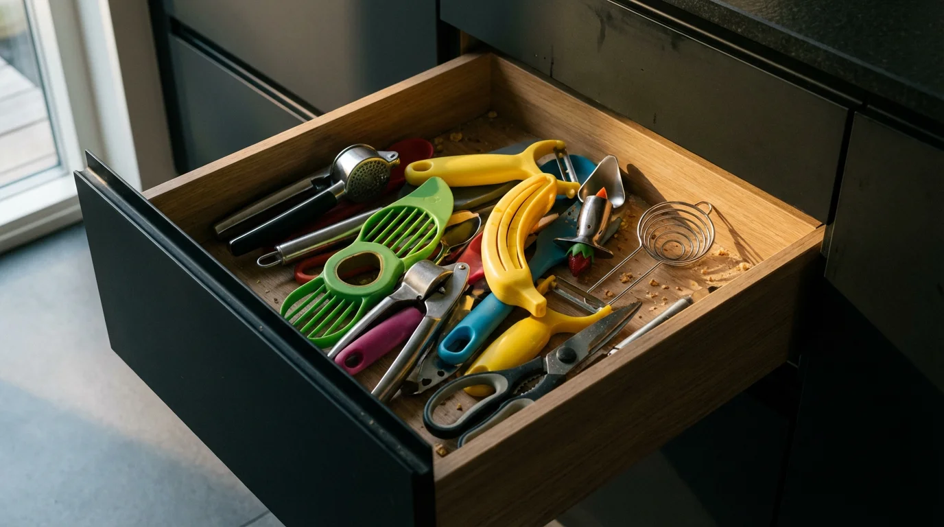 A cluttered kitchen drawer overflowing with single-use unitasker gadgets in moody afternoon light.