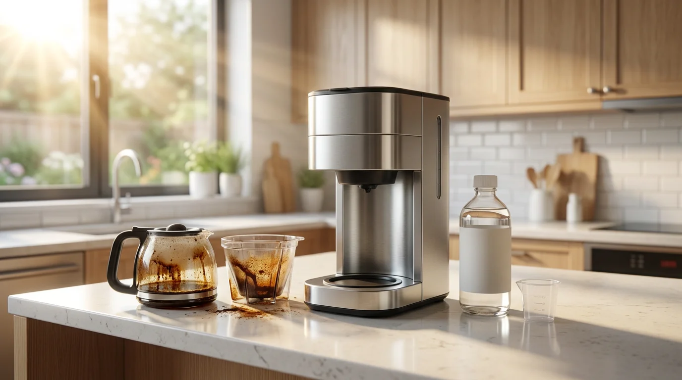 A coffee maker on a kitchen counter with dirty parts and descaling solution nearby.