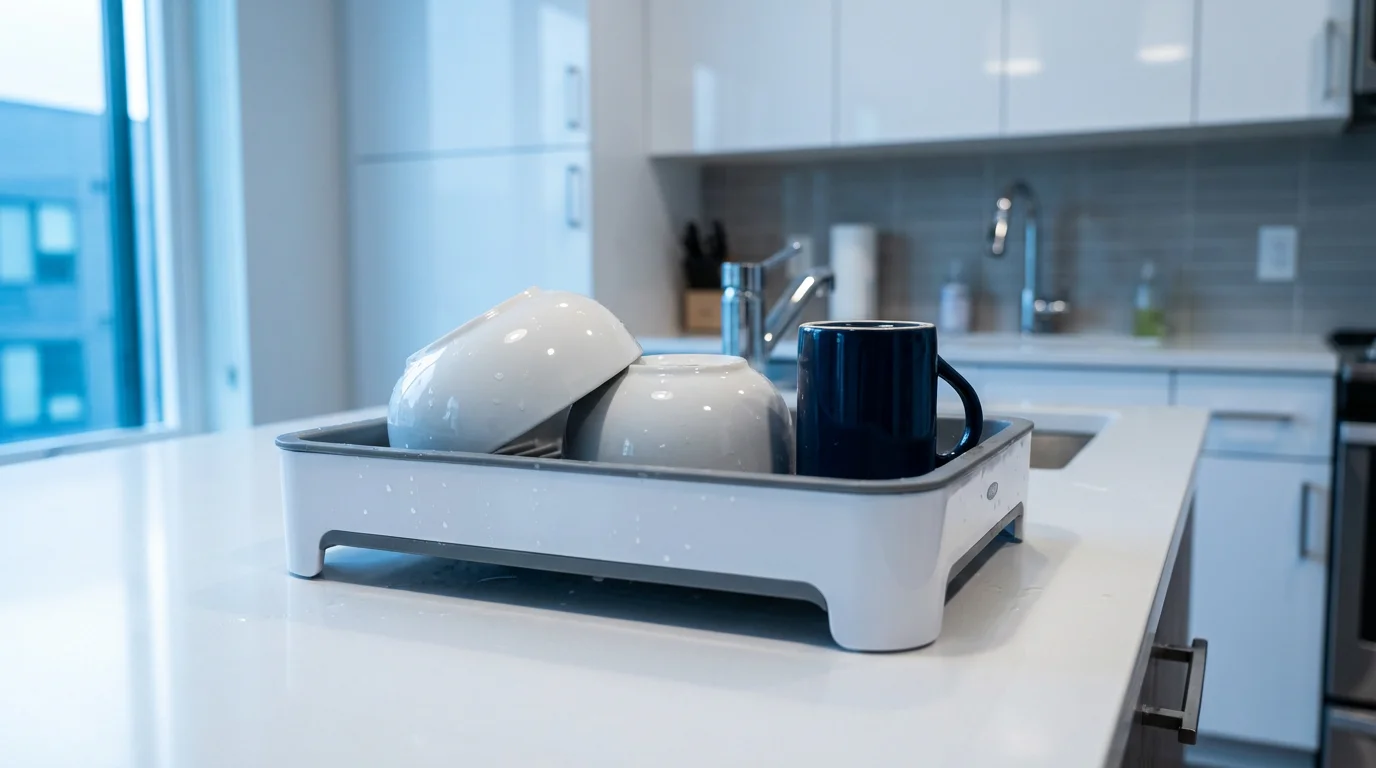 A compact OXO foldaway dish rack with clean dishes on a small kitchen counter.