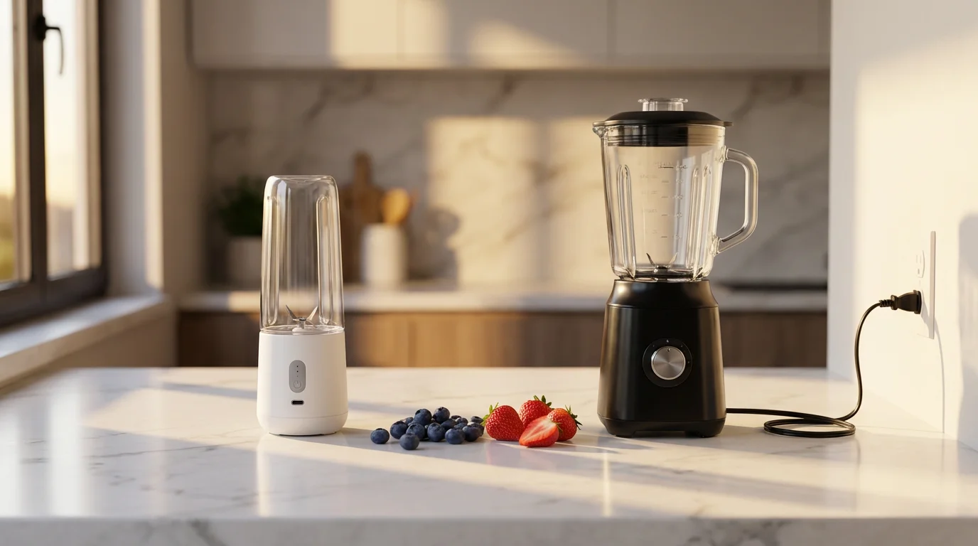 A cordless portable blender and a corded personal blender side-by-side on a sunlit counter.