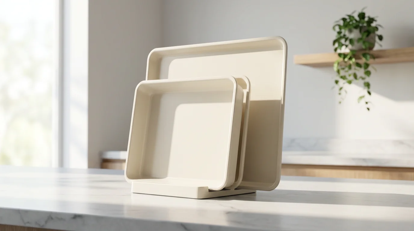 A cream-colored ceramic bakeware set organized in its magnetic storage rack on a marble countertop.