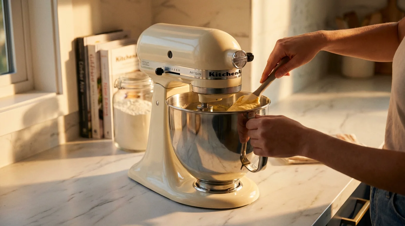 A cream-colored stand mixer on a marble countertop in a kitchen during golden hour.