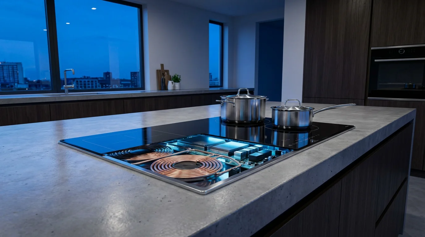 A cutaway view of an induction cooktop showing glowing copper coils inside a modern kitchen.