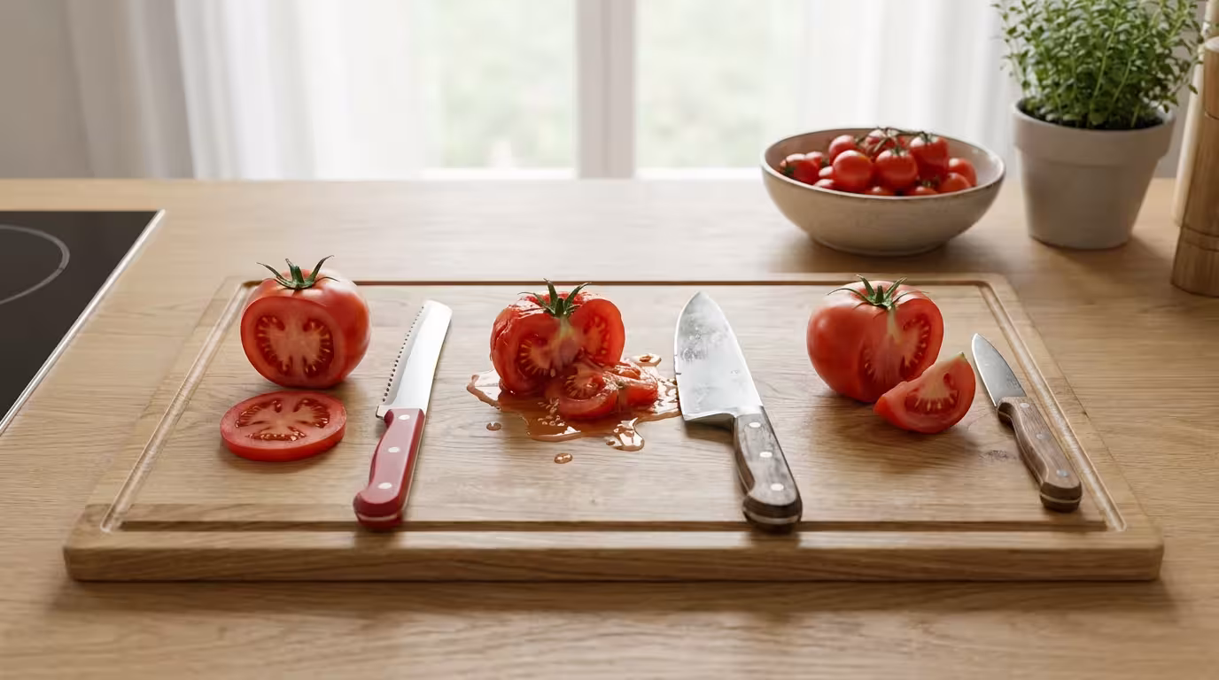 A cutting board showing clean vs. messy tomato slices from different kitchen knives.