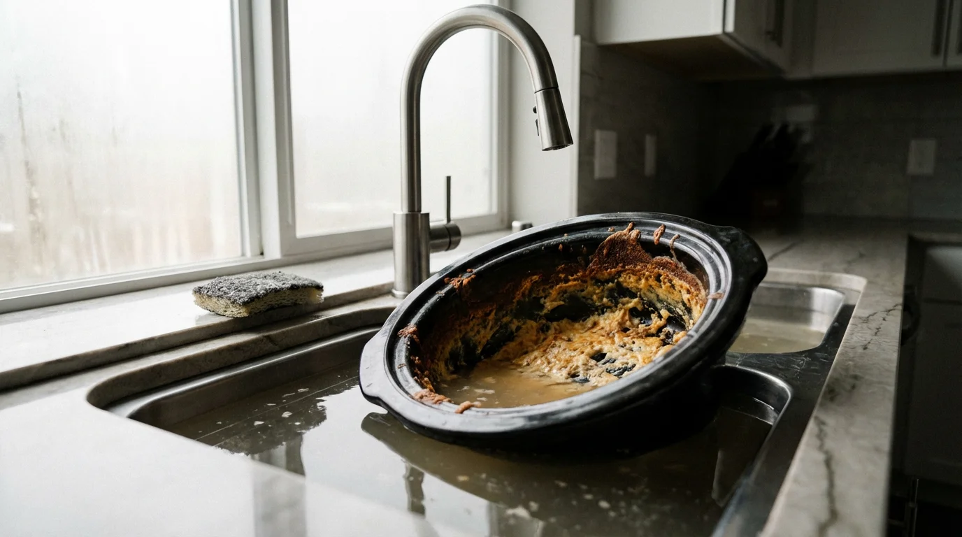 A dirty slow cooker crock with burnt-on cheese soaking in a modern kitchen sink.