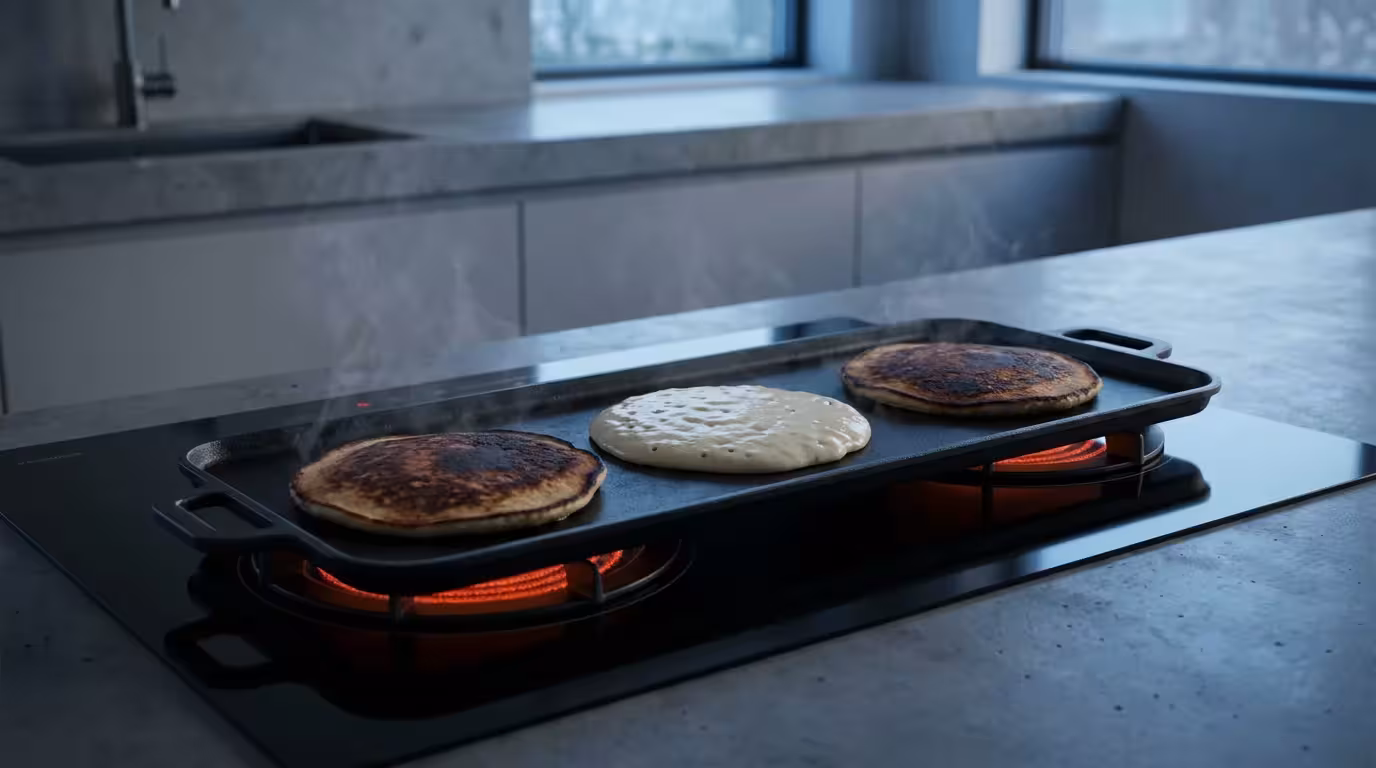 A double-burner griddle with burnt and undercooked pancakes, demonstrating uneven heat distribution.
