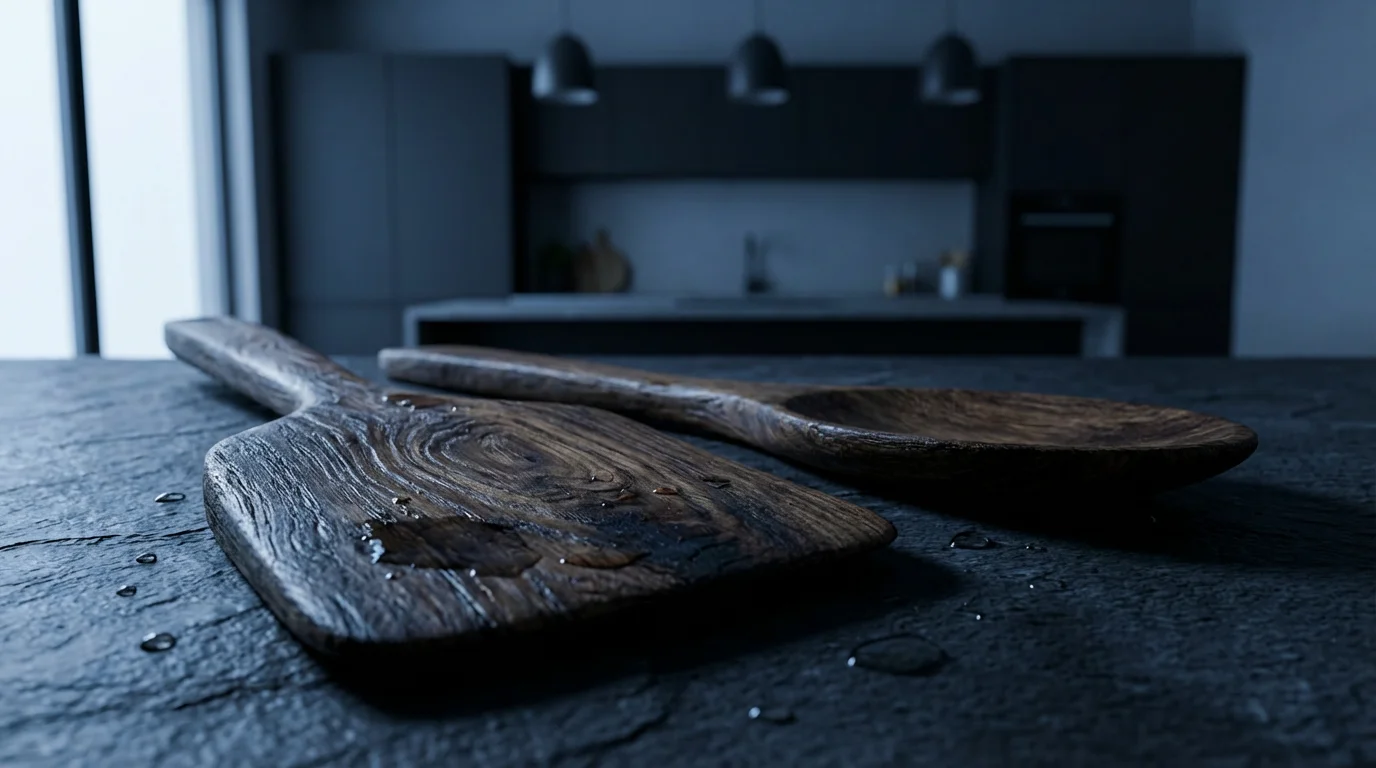 A dramatic low-angle macro photo of water beading on a wooden kitchen utensil.