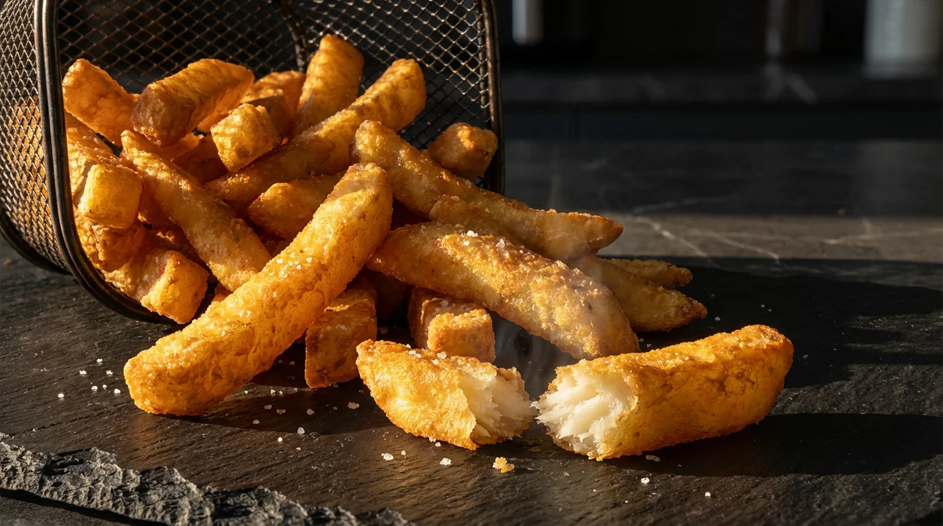 A dramatic macro shot of crispy golden french fries with salt crystals, fresh from an air fryer.