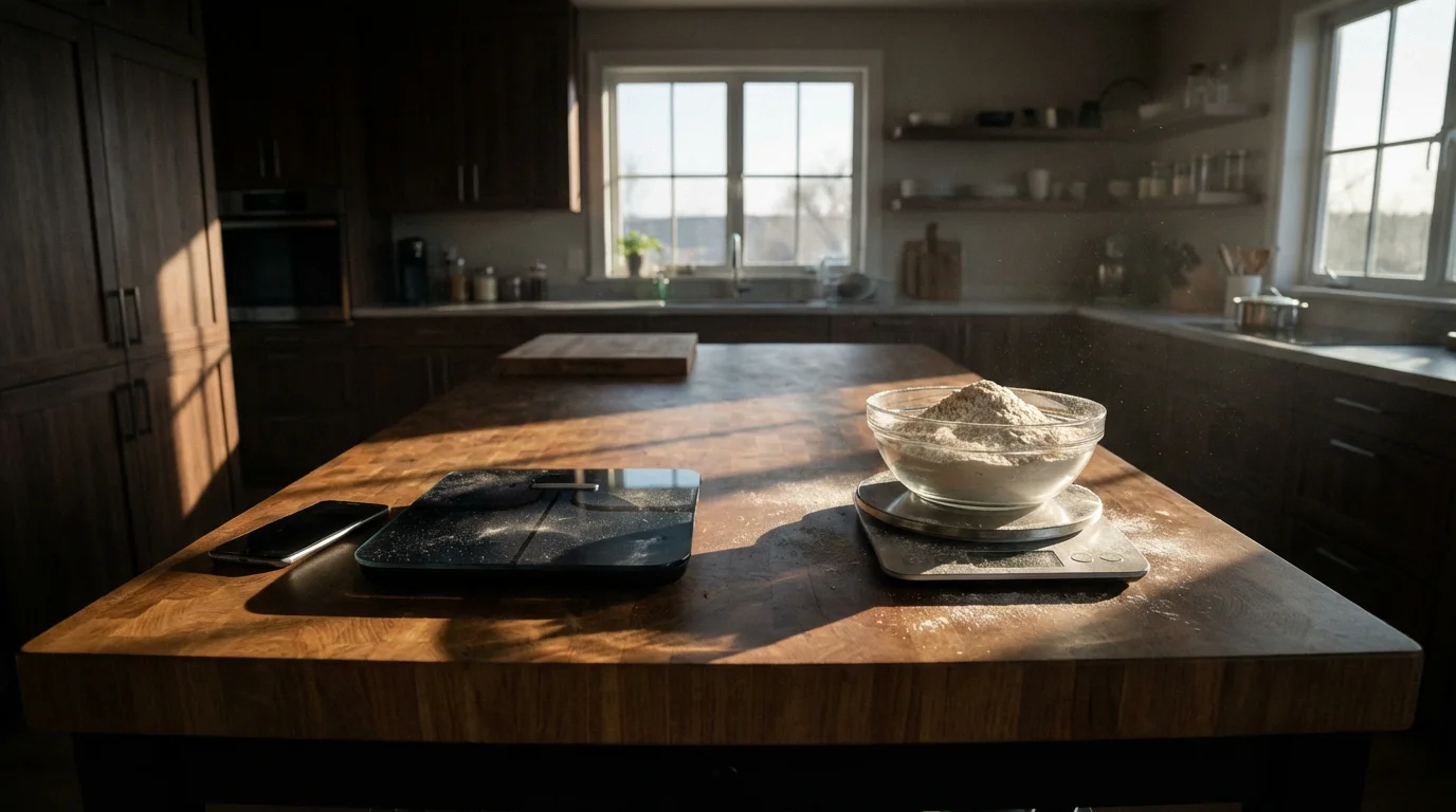 A dusty, unused smart scale next to a functional standard digital scale on a kitchen island.