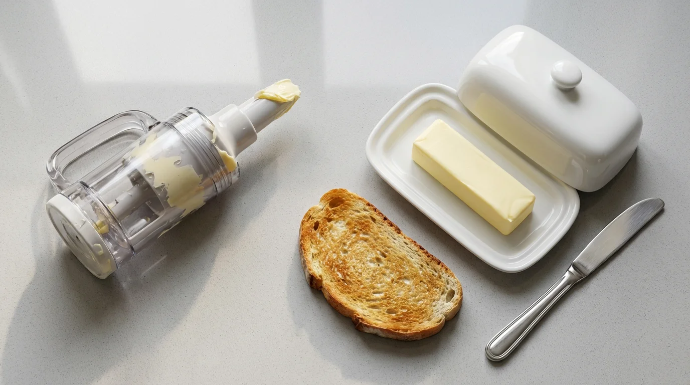 A flat lay of a complex plastic butter gadget beside a simple ceramic butter dish.