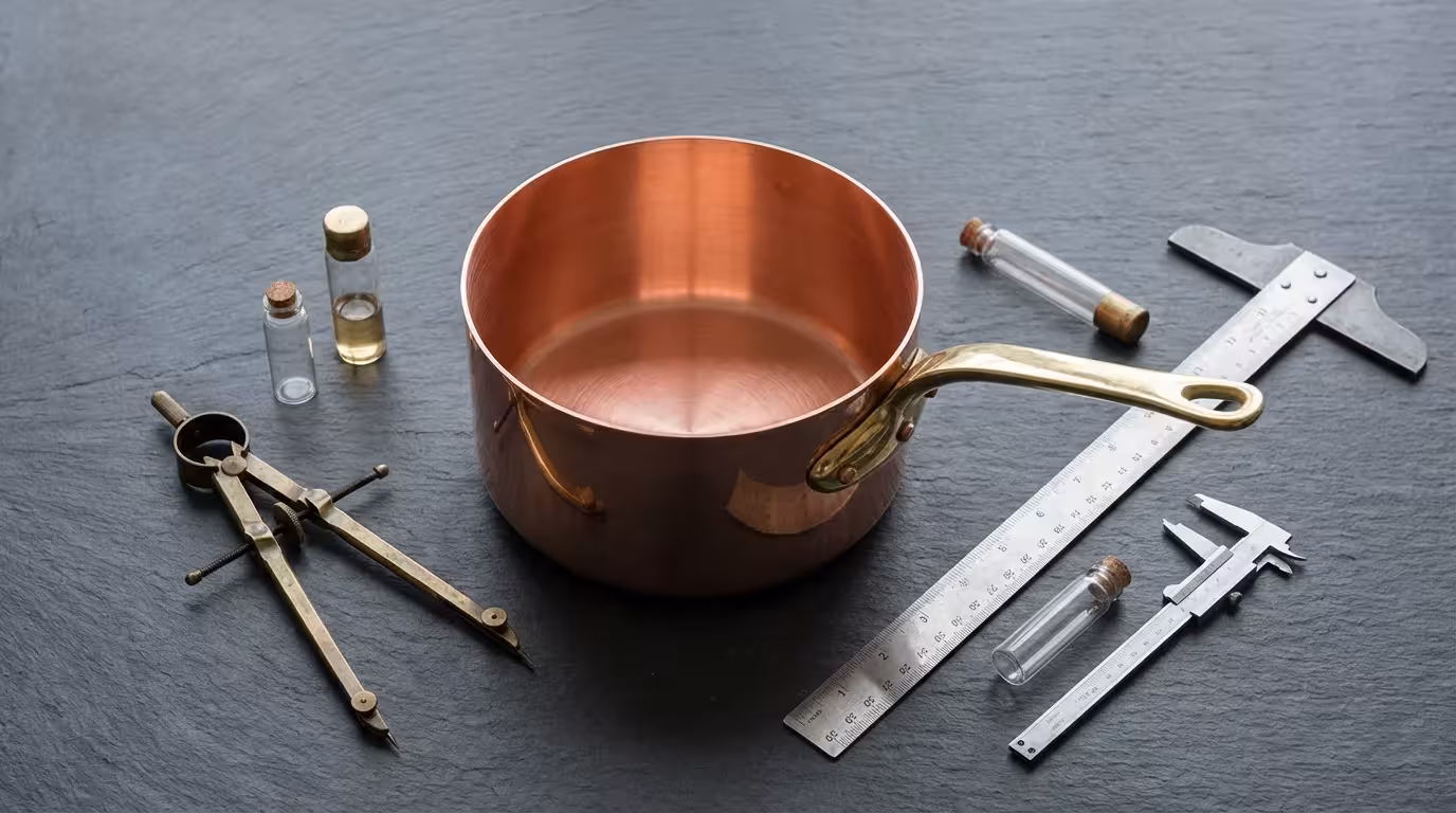 A flat lay of a copper saucepan with precision drafting tools on a dark surface.