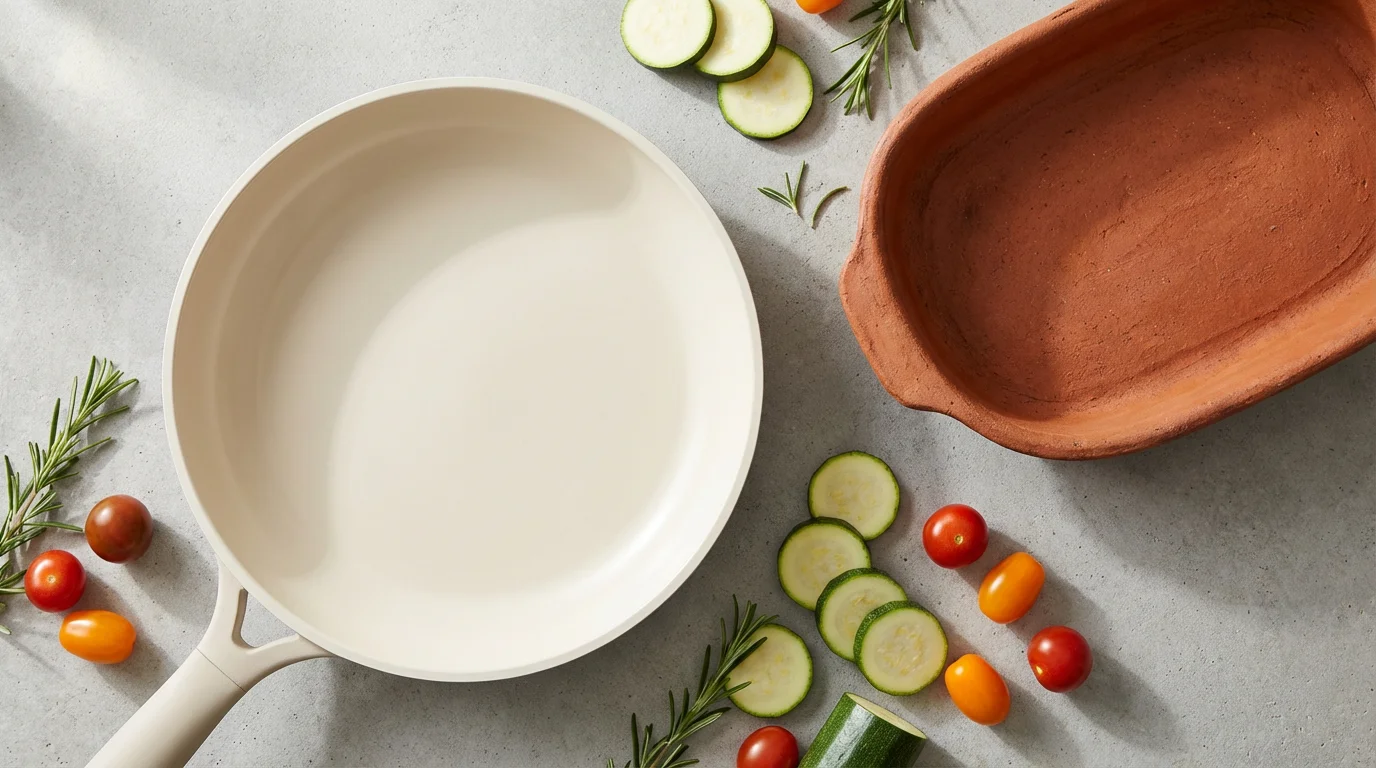 A flat lay of a modern ceramic non-stick pan beside a pure ceramic dish.