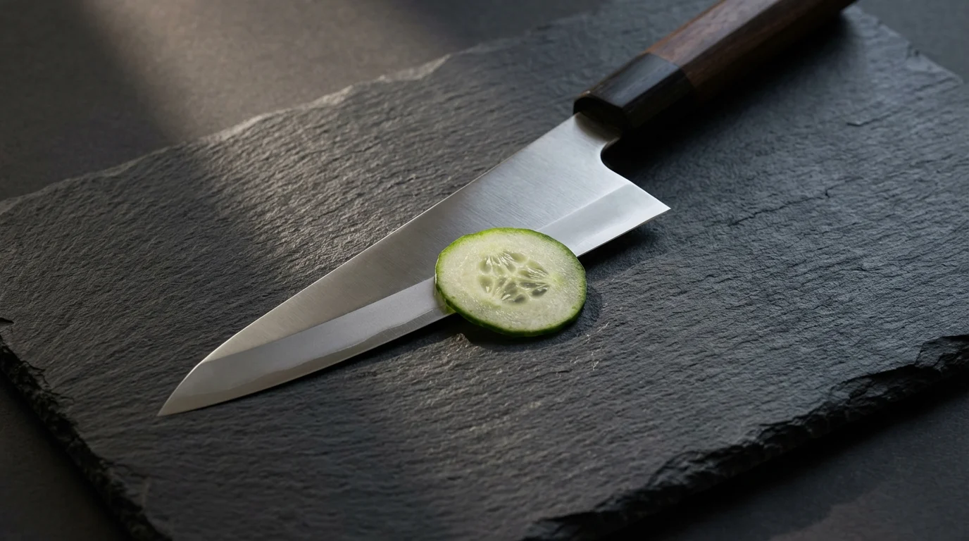 A flat lay of a professional single-bevel knife and a perfect slice of cucumber.