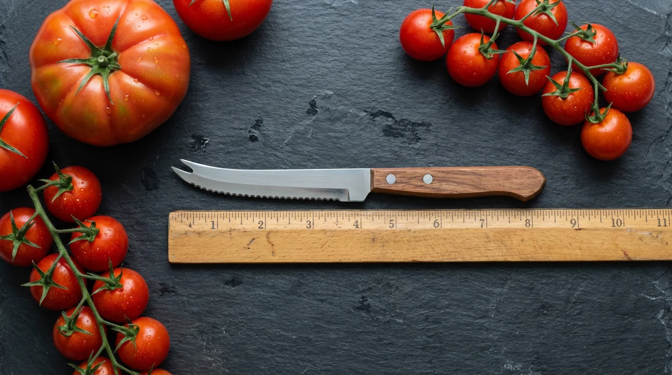 A flat lay of a serrated tomato knife next to a ruler and tomatoes.
