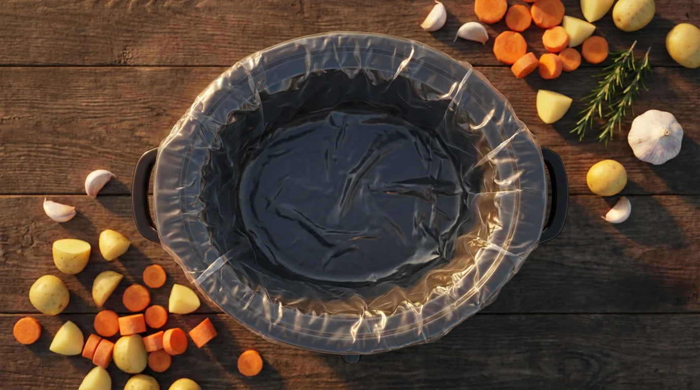 A flat lay of a slow cooker liner in a ceramic crock with vegetables.