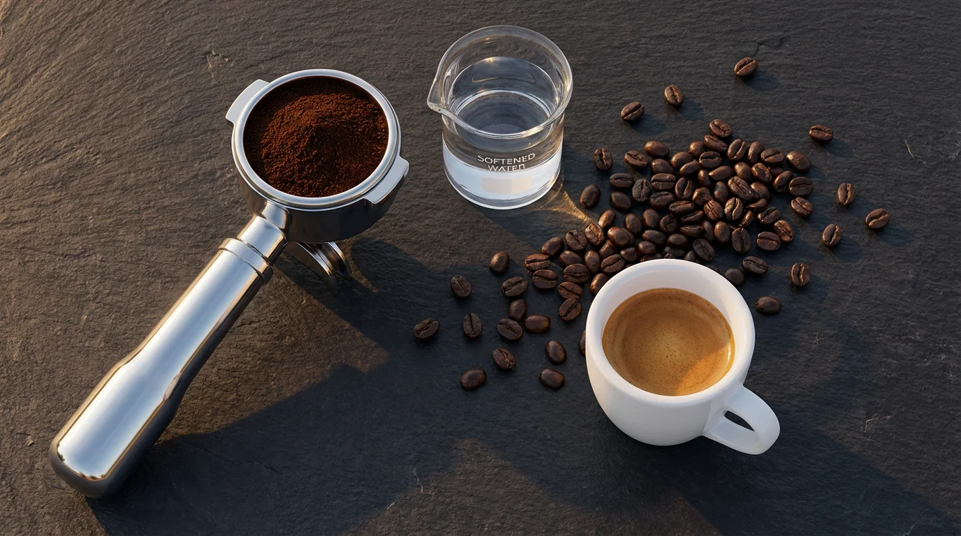 A flat lay of an espresso portafilter, coffee beans, and a beaker of water.