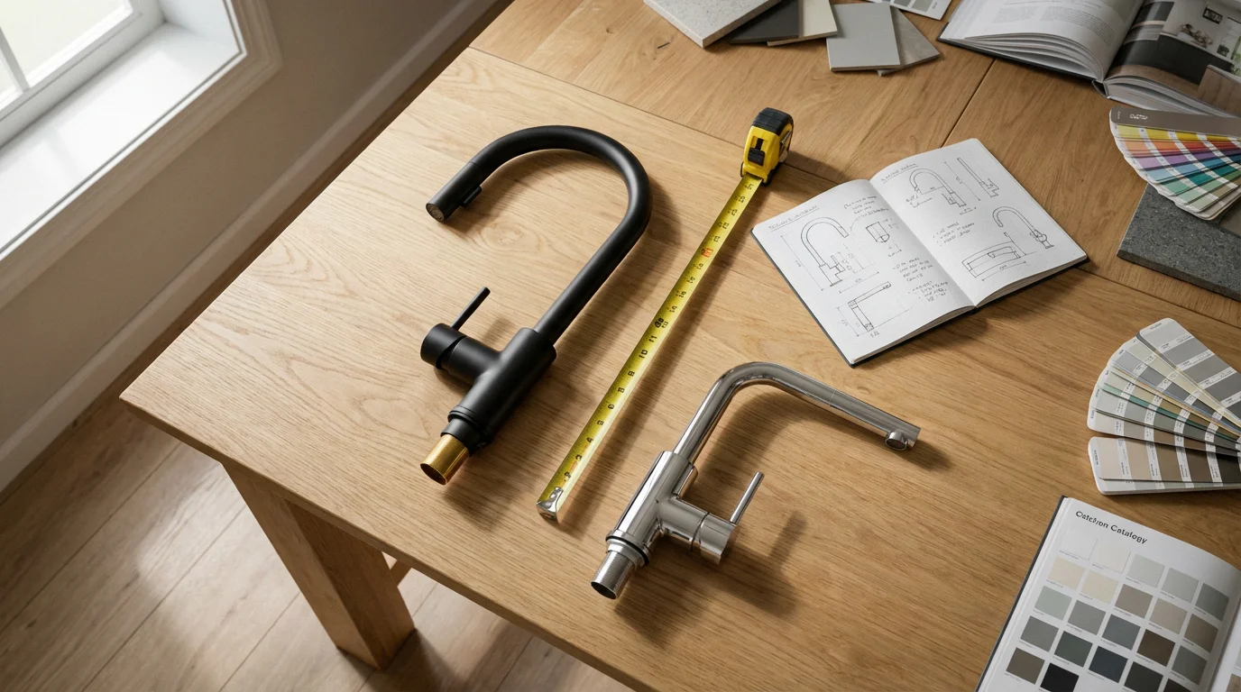 A flat lay of high-arc and low-arc kitchen faucets being measured on a workbench.