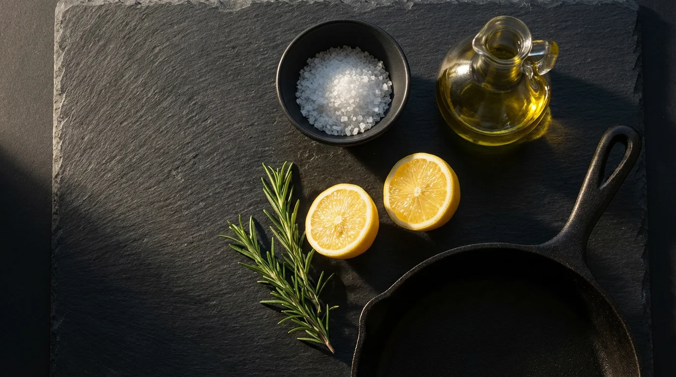 A flat lay of salt, olive oil, lemon, and a skillet representing cooking fundamentals.