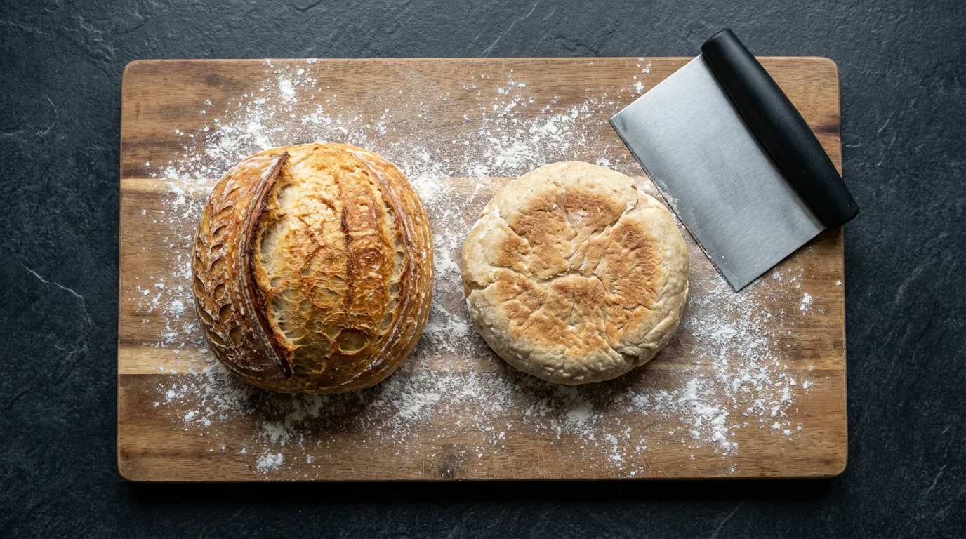 A flat lay of two bread loaves showing different baking results from water quality.