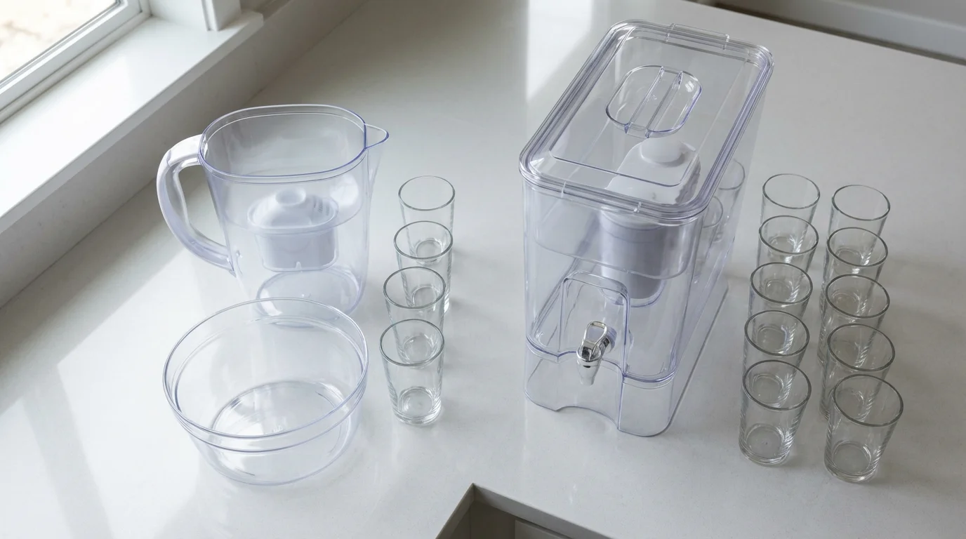 A flat lay photo comparing a water filter pitcher and a larger dispenser's capacity.