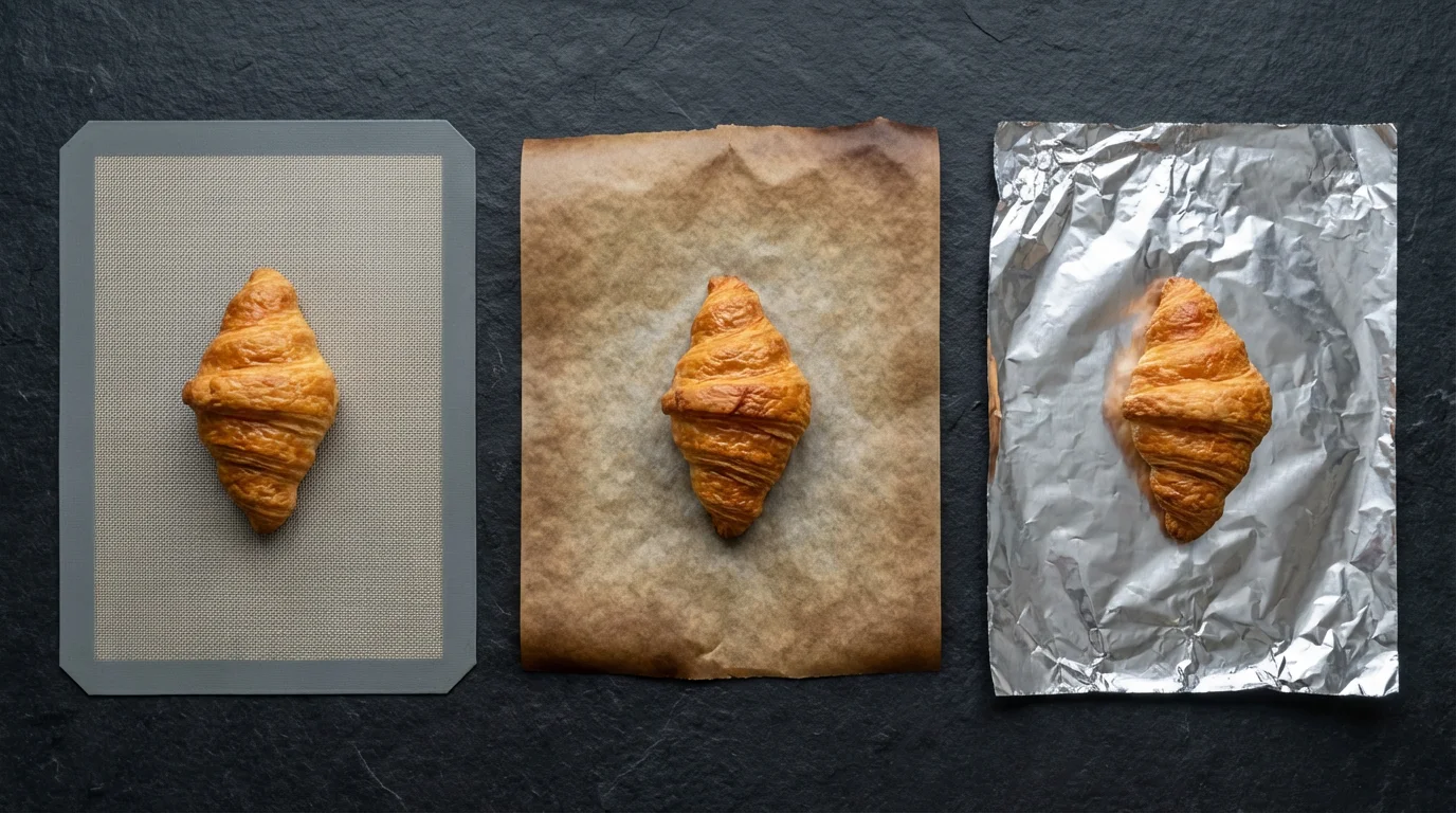 A flat lay photo comparing croissants baked on a silicone mat, parchment paper, and foil.