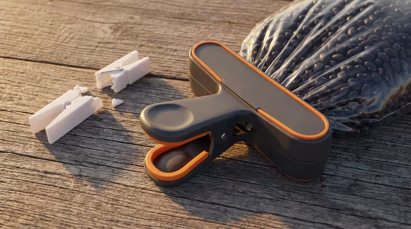 A flat lay photo showing a strong bag clip holding a bag beside a broken one.