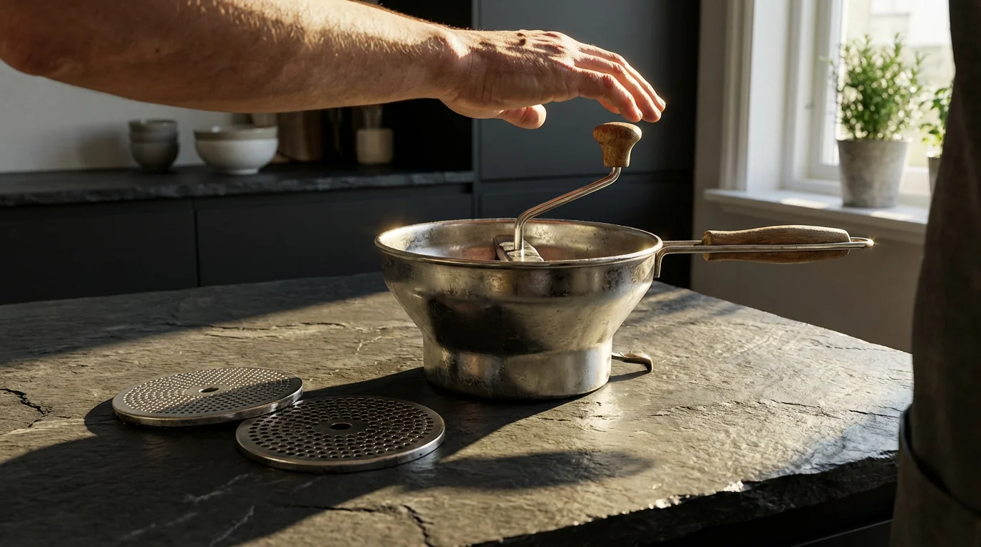 A food mill with its different interchangeable discs arranged on a dark kitchen counter.