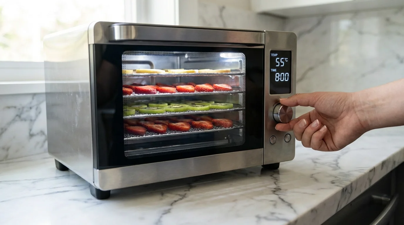 A hand adjusting the digital temperature controls on a modern food dehydrator with fruit inside.
