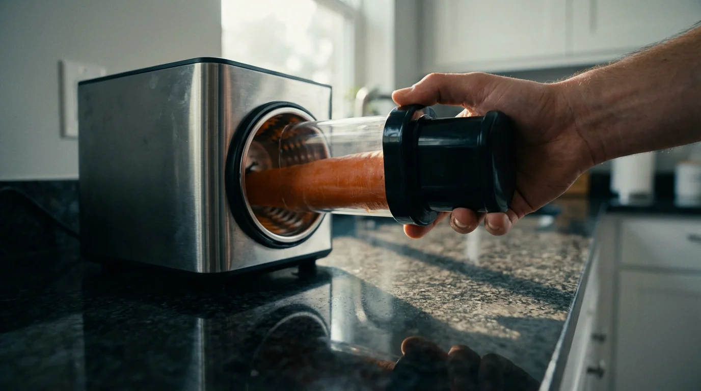 A hand safely using the food pusher on an electric grater in a modern kitchen.