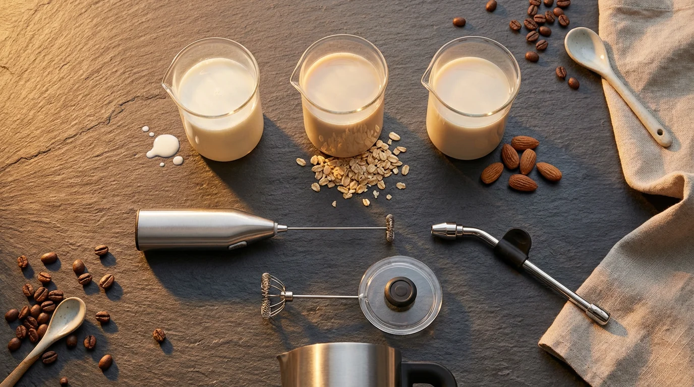 A high-angle flat lay comparing different milk types and milk frothing tools at sunset.
